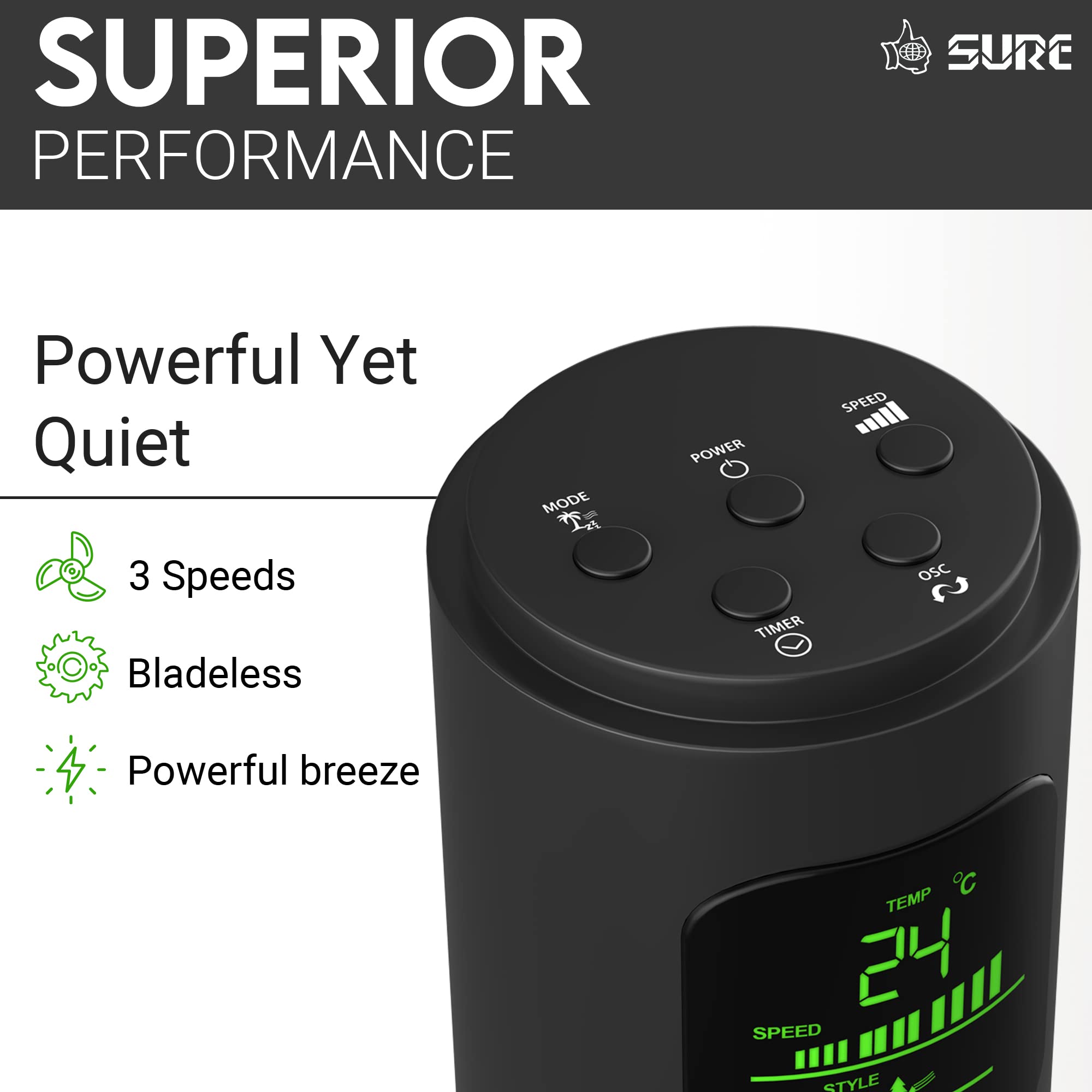 Sure Tower Fan with Remote Control, Bladeless Powerful with 3 Speeds, Timer Function, Standing Oscillating Fan for Home, Bedroom & Office, Black شور تعمل على كهرباء- مراوح ارضيه Sure Tower Fan with Remote Control, Bladeless Powerful with 3 Speeds, Timer Function, Standing Oscillating Fan for Home, Bedroom & Office, Black شور تعمل على كهرباء- مراوح ارضيه